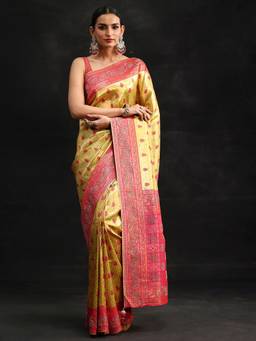 Libas Art - Women Yellow Silk Blend Woven Saree with Unstitched Blouse