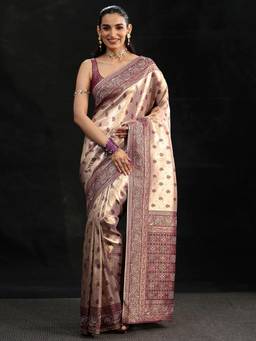 Libas Art - Women Purple Silk Blend Woven Saree with Unstitched Blouse
