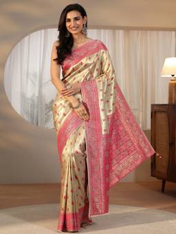 Libas Art - Women Gold Silk Blend Woven Saree with Unstitched Blouse
