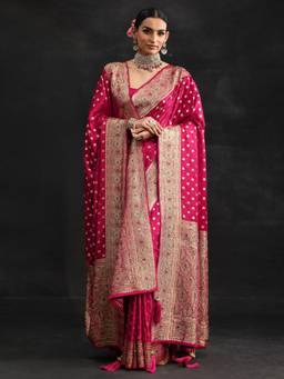 Libas Art - Women Pink Silk Blend Woven Saree with Unstitched Blouse