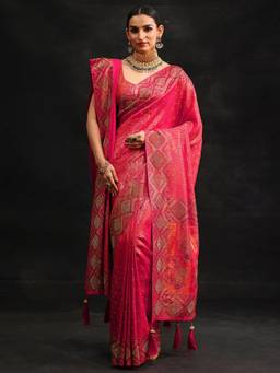 Libas Art - Women Pink Silk Blend Embellished/Sequined Saree with Unstitched Blouse