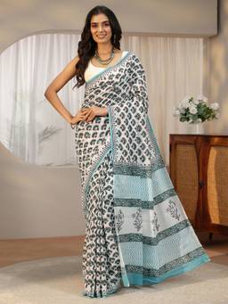 Libas - Women White Cotton Printed Saree with Unstitched Blouse