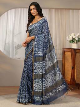 Libas - Women Blue Cotton Printed Saree with Unstitched Blouse