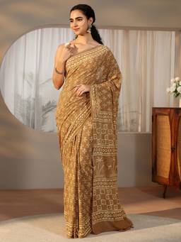Libas - Women Beige Cotton Printed Saree with Unstitched Blouse