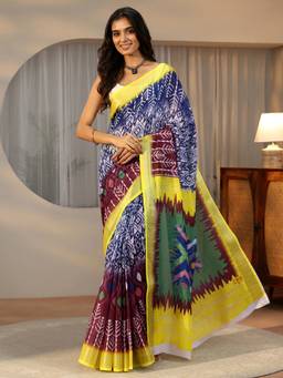 Libas - Women Multi-Colour Cotton Blend Printed Saree with Unstitched Blouse