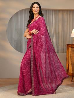 Libas - Women Pink Georgette Printed Saree with Unstitched Blouse