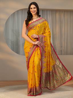 Libas - Women Mustard Georgette Woven Saree with Unstitched Blouse