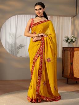 Libas - Women Mustard Tissue Embellished/Sequined Saree with Unstitched Blouse