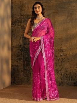 Libas - Women Pink Net Embellished/Sequined Saree with Unstitched Blouse