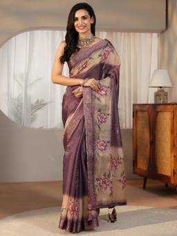 Libas - Women Purple Silk Blend Printed Saree with Unstitched Blouse