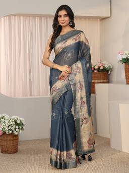 Libas - Women Blue Silk Blend Printed Saree with Unstitched Blouse