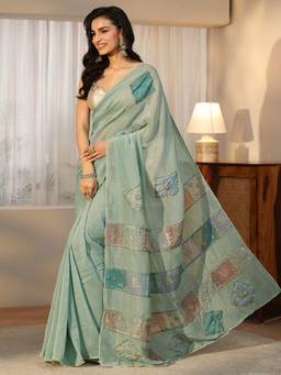 Libas - Women Blue Tissue Embellished/Sequined Saree with Unstitched Blouse