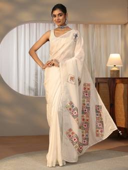 Libas - Women Cream Satin Embroidered Saree with Unstitched Blouse