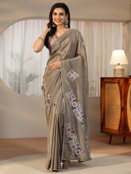 Libas - Women Grey Satin Embroidered Saree with Unstitched Blouse