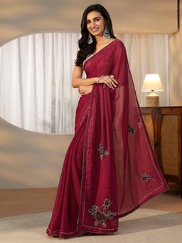Libas - Women Red Satin Embroidered Saree with Unstitched Blouse