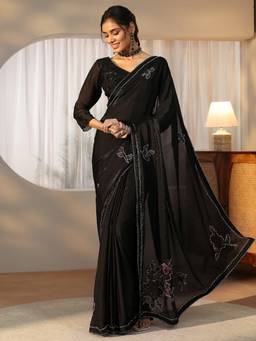 Libas - Women Black Satin Embroidered Saree with Unstitched Blouse