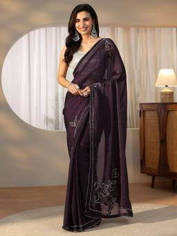 Libas - Women Purple Satin Embroidered Saree with Unstitched Blouse