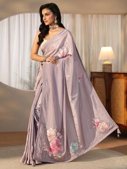 Libas - Women Lavender Satin Embellished/Sequined Saree with Unstitched Blouse