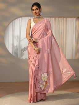 Libas - Women Pink Satin Embroidered Saree with Unstitched Blouse