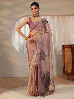 Libas Art - Women Purple Tissue Embellished/Sequined Saree with Unstitched Blouse