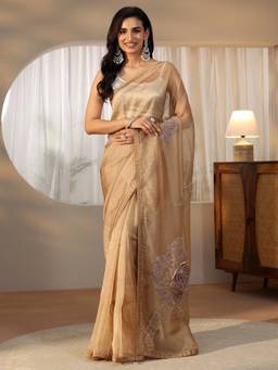 Libas Art - Women Gold Tissue Embellished/Sequined Saree with Unstitched Blouse