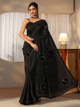 Libas - Women Black Satin Embellished/Sequined Saree with Unstitched Blouse