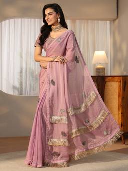 Libas - Women Purple Tissue Embellished/Sequined Saree with Unstitched Blouse
