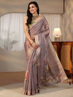 Libas - Women Purple Silk Blend Printed Saree with Unstitched Blouse
