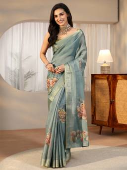 Libas - Women Blue Silk Blend Printed Saree with Unstitched Blouse