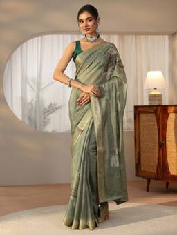 Libas - Women Green Silk Blend Printed Saree with Unstitched Blouse