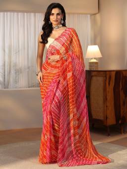 Libas - Women Multi-Colour Chiffon Printed Saree with Unstitched Blouse