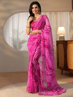 Libas - Women Pink Chiffon Printed Saree with Unstitched Blouse