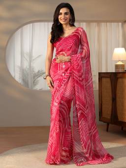 Libas - Women Pink Chiffon Printed Saree with Unstitched Blouse