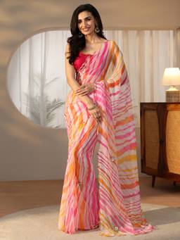 Libas - Women Pink Chiffon Printed Saree with Unstitched Blouse