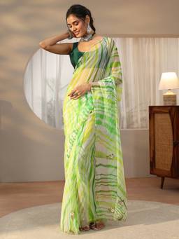 Libas - Women Green Chiffon Printed Saree with Unstitched Blouse
