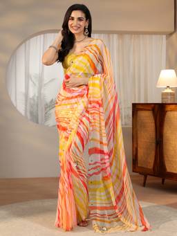 Libas - Women Multi-Colour Chiffon Printed Saree with Unstitched Blouse