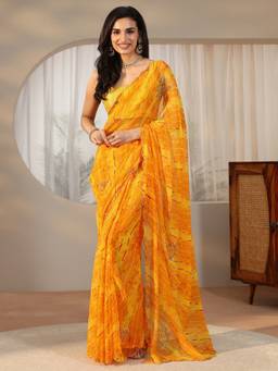 Libas - Women Orange Chiffon Printed Saree with Unstitched Blouse
