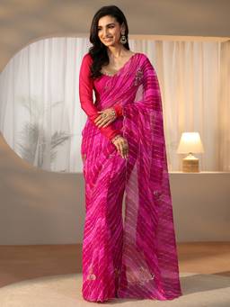 Libas - Women Pink Chiffon Printed Saree with Unstitched Blouse