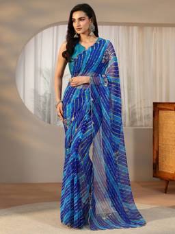 Libas - Women Blue Chiffon Printed Saree with Unstitched Blouse