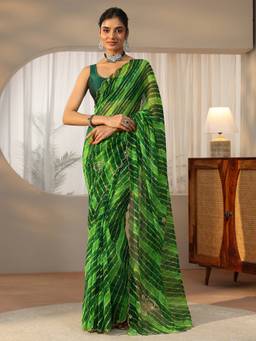 Libas - Women Green Chiffon Printed Saree with Unstitched Blouse