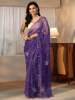Libas - Women Purple Chiffon Printed Saree with Unstitched Blouse