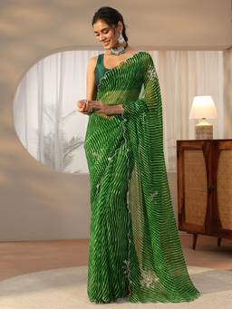 Libas - Women Green Chiffon Printed Saree with Unstitched Blouse