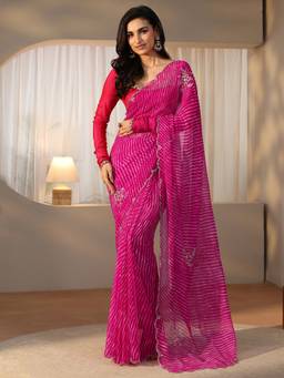 Libas - Women Pink Chiffon Printed Saree with Unstitched Blouse