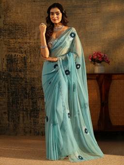 Libas - Women Blue Chiffon Embroidered Saree with Unstitched Blouse