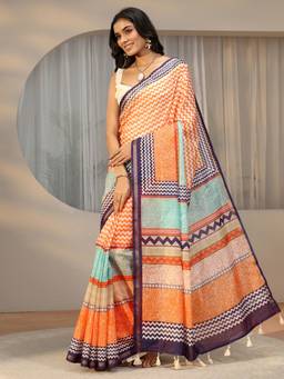 Libas - Women Multi-Colour Cotton Blend Printed Saree with Unstitched Blouse