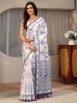 Libas - Women White Cotton Blend Printed Saree with Unstitched Blouse