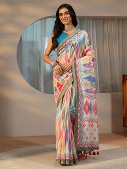 Libas - Women Multi-Color Cotton Blend Printed Saree with Unstitched Blouse