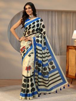 Libas - Women Beige Cotton Blend Printed Saree with Unstitched Blouse