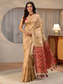 Libas - Women Gold Silk Blend Woven Saree with Unstitched Blouse