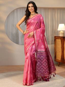 Libas - Women Pink Silk Blend Woven Saree with Unstitched Blouse